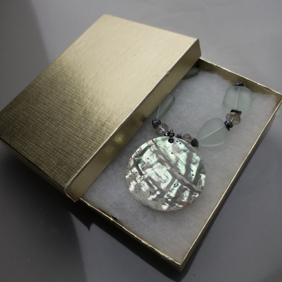 Abalone Shell SeaGlass Necklace Unique Beautiful Front & Back Handmade w. Box - Picture 7 of 8